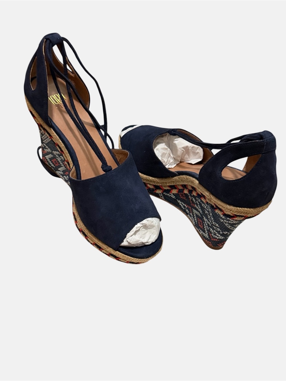 Cabi Isla Navy Suede Espadrille Wedge Sandals - Geometric Boho Ankle Tie Size 7 - Picture 12 of 14